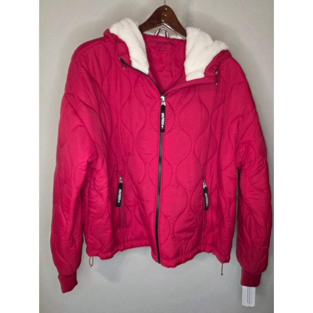 Tommy Hilfiger Sport NWT Quilted Hooded Jacket XL Red Sherpa Lined Zip Up